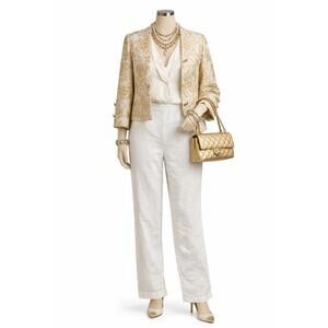 Y2K Style Silk Land Women’s Ramie Pants Size 10 White Embroidered Straight Leg